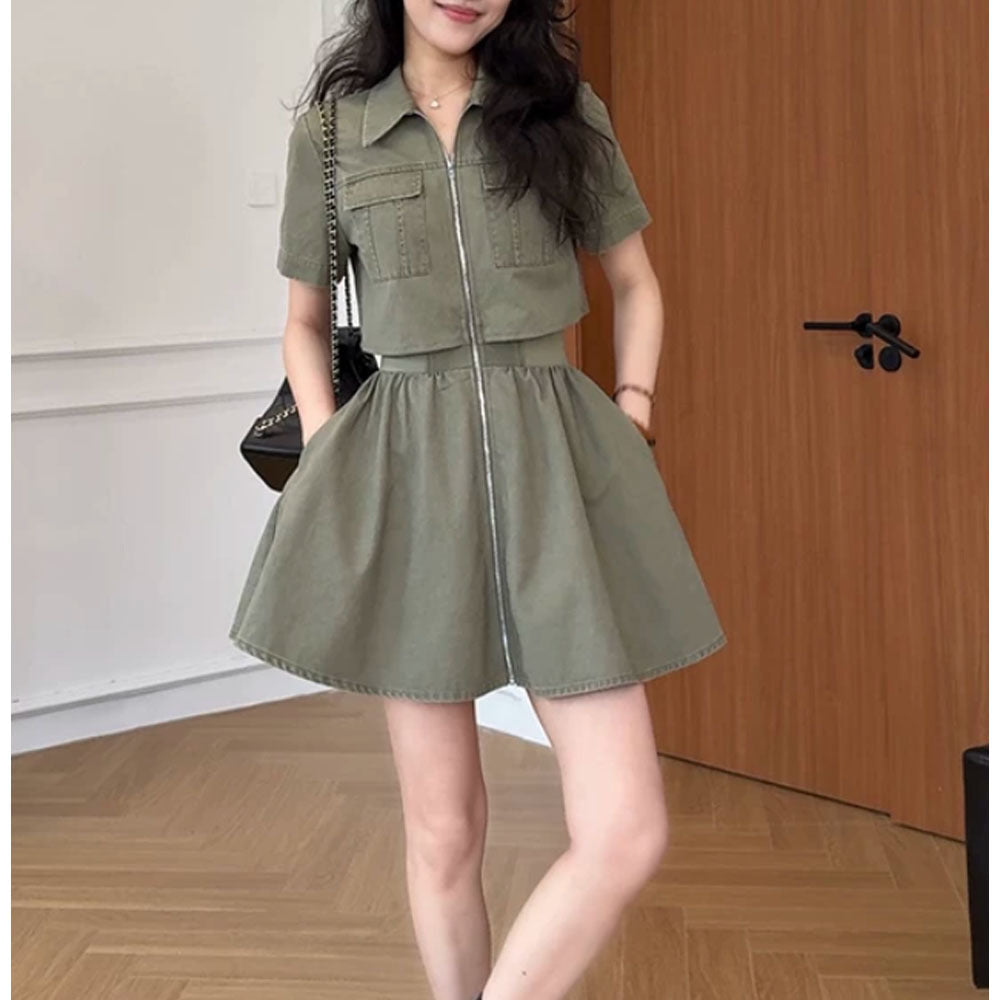 BundleWear™ Utility-Zip Shirt Dress | Faux Two-Piece Mini/Midi with Exposed Zipper