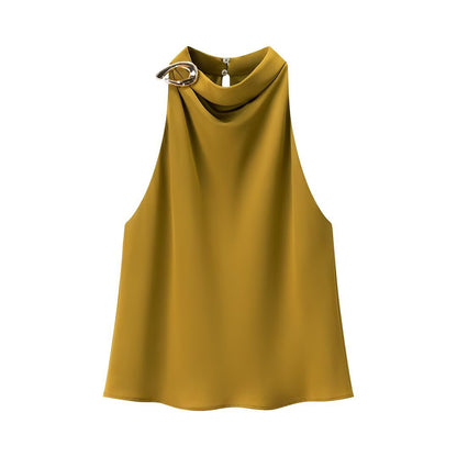 BundleWear™ Gilded Halter Top | Asymmetric Buckle & Draped Mock-Neck Tank