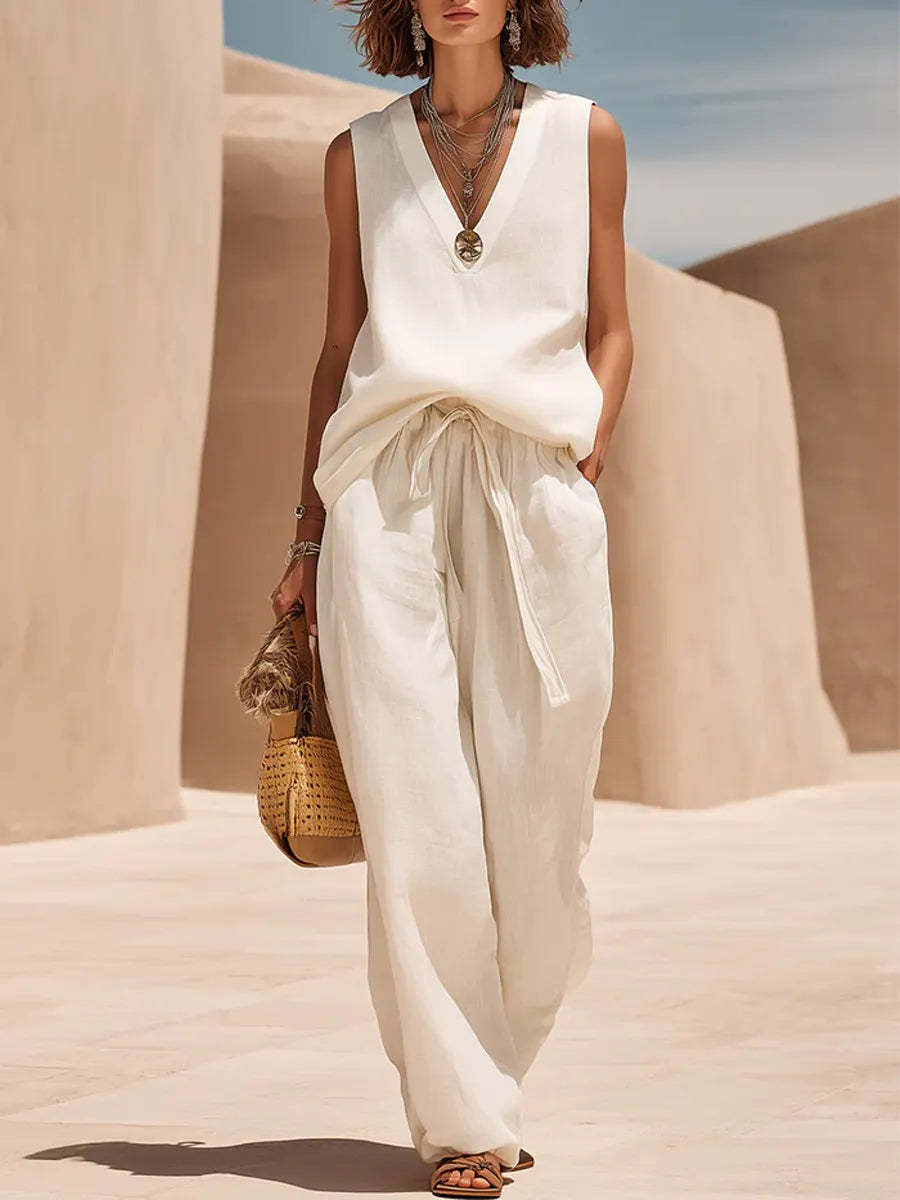 Cotton and linen sleeveless V-neck suit - BundleWear