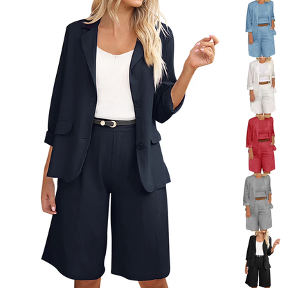 BundleWear™ Linen-Luxe Shorts Set | Two-Button Blazer & High-Waist Relaxed Ensemble