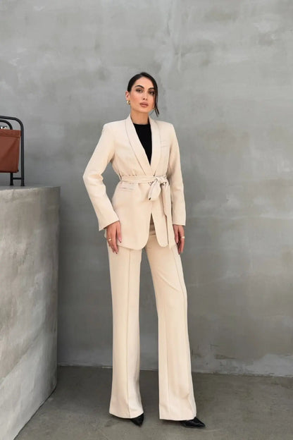 Ladies' Double Belted Blazer Jacket and Trouser Set