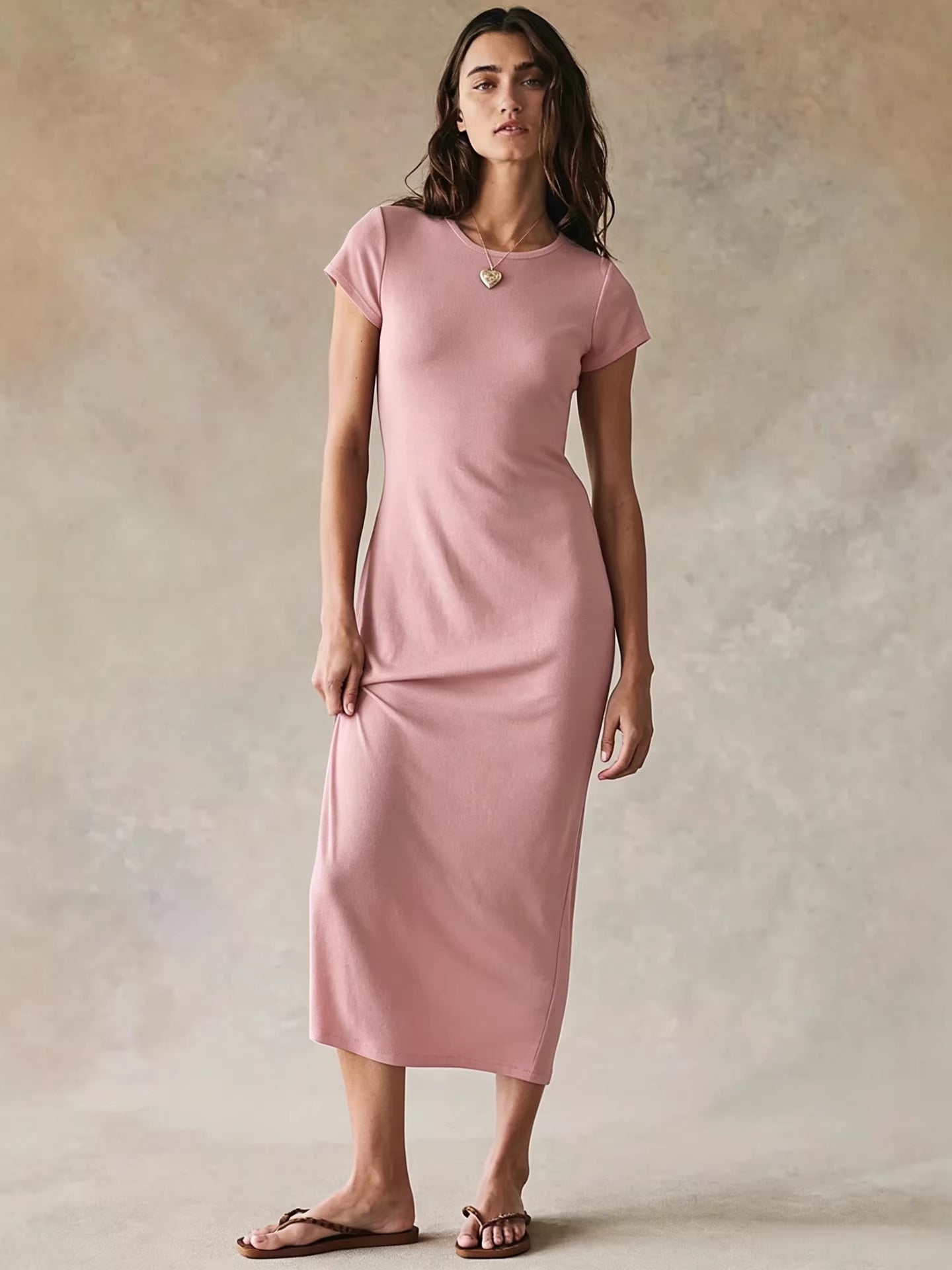 Ladies' solid color short-sleeved round neck slim-fit bodycon dress - BundleWear