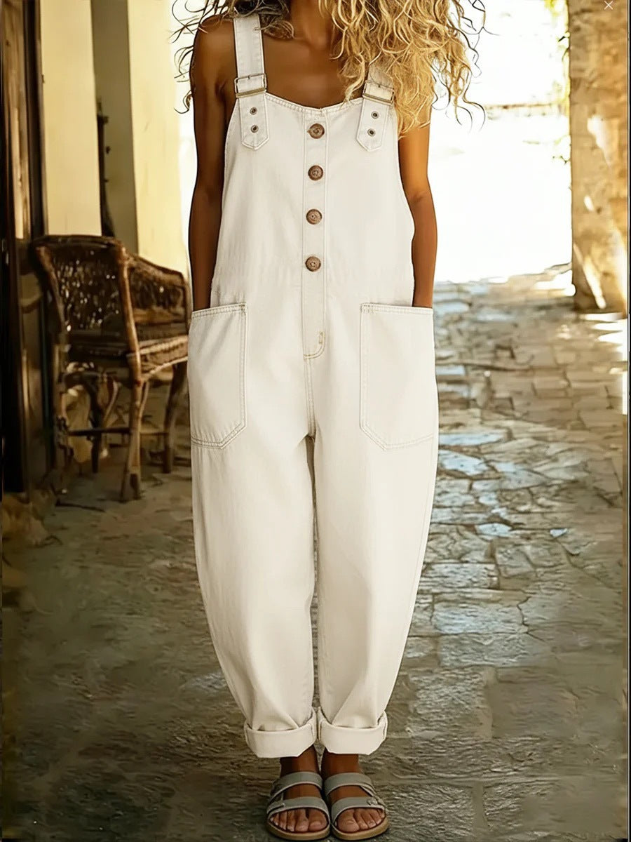 Chic Retro Distressed Denim Jumpsuit for Women - Loose-Fitting Casual Streetwear One-Piece Set - BundleWear