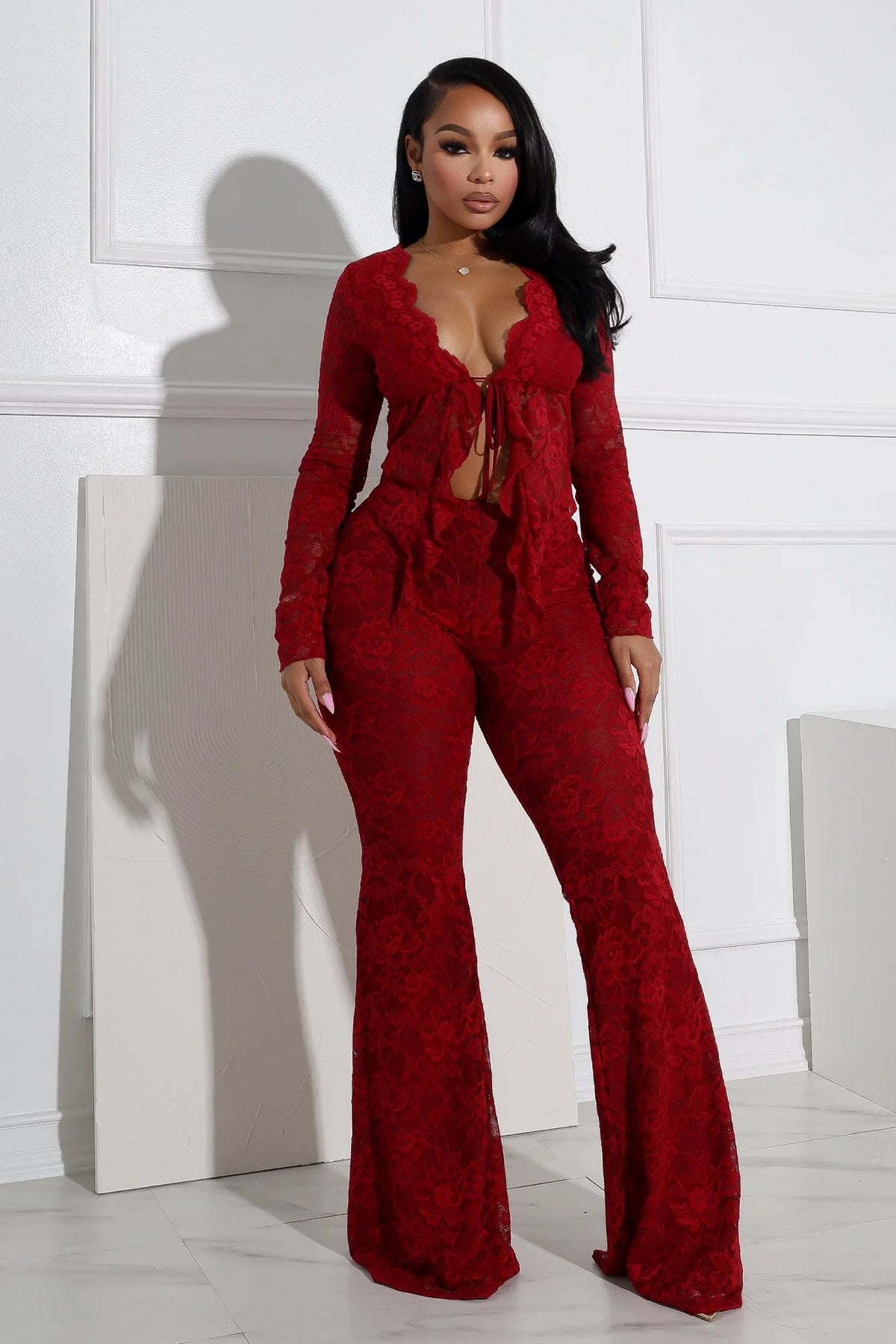 Everly Lace Top & Wide Pants Set — Sheer Lace Two-Piece Outfit
