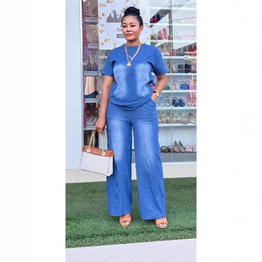 BundleWear™ Sunburst Denim Set | Y2K Acid-Washed Boxy Top & Wide-Leg Pants