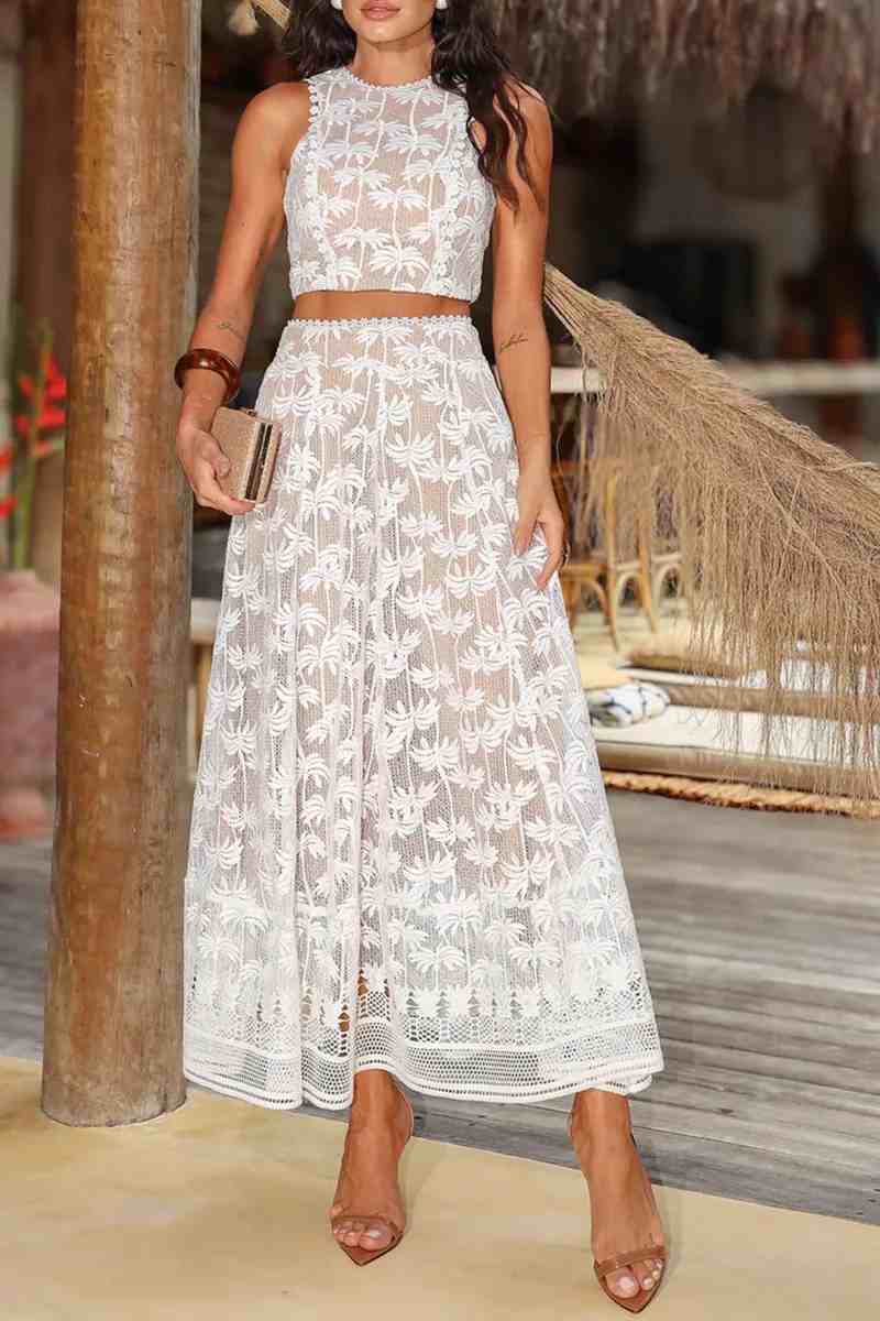 Ladies' Round Neck Sleeveless Top + Half Skirt Hollow Navel-exposing Suit - MATCHING MASTER