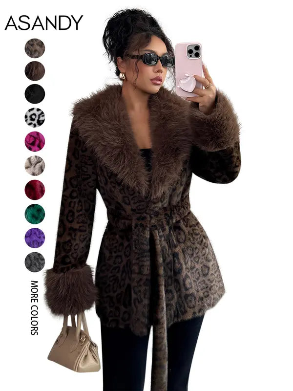 Ladies' winter lace up leopard print faux fur coat