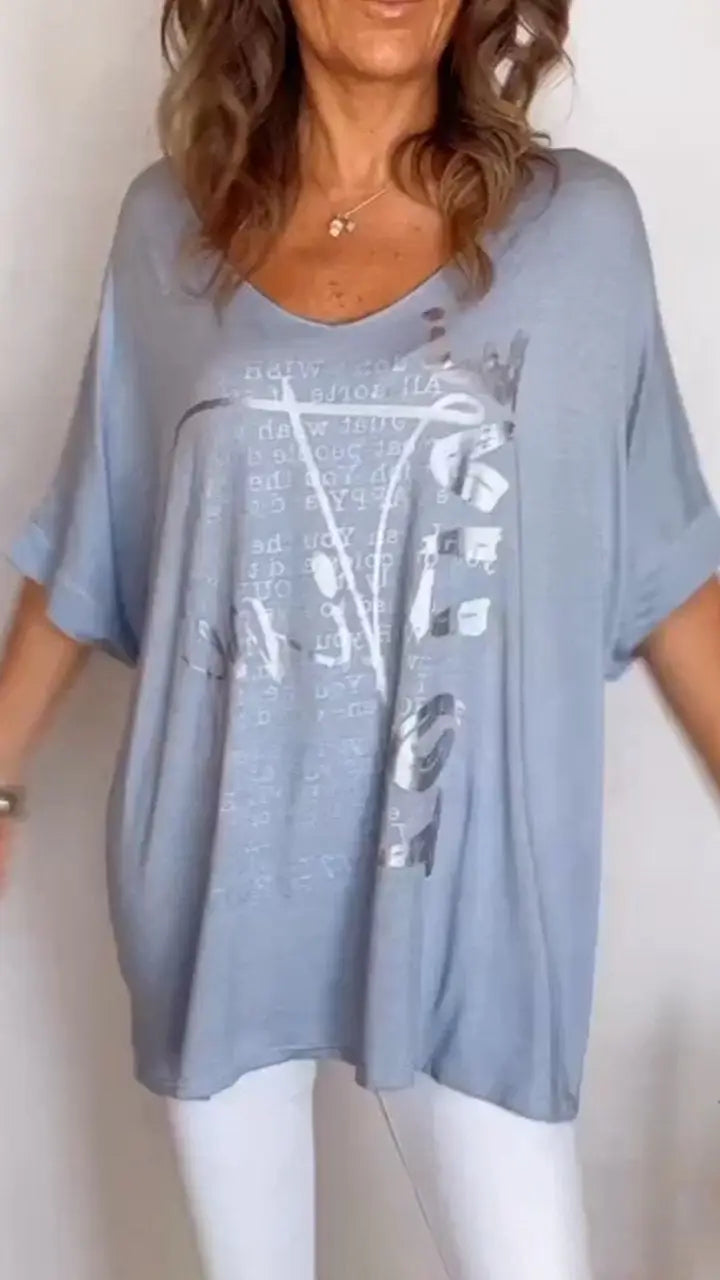 BundleWear Elegant Summer Floral V-Neck Top - Breathable Cotton-Blend Mid-Sleeve Casual Tee (S-5XL)