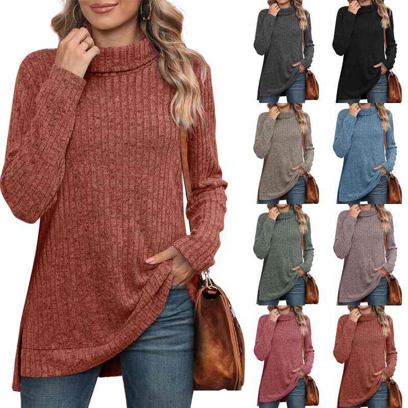 High-neck scarf, side slit, solid color long-sleeved T-shirt