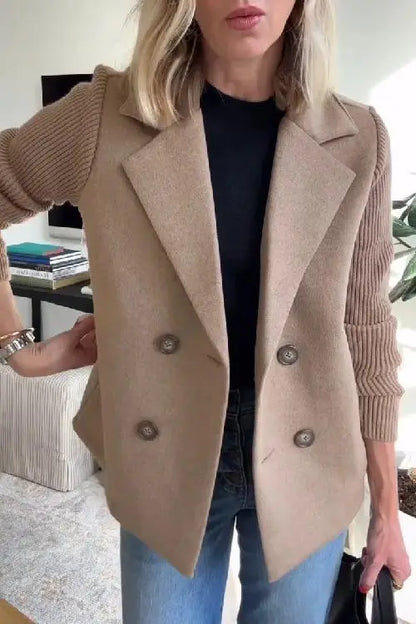 Ladies' Lapel Button Knitted Patchwork Sleeve Casual Coat