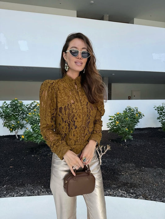 Lace round neck hollowed-out long-sleeved top