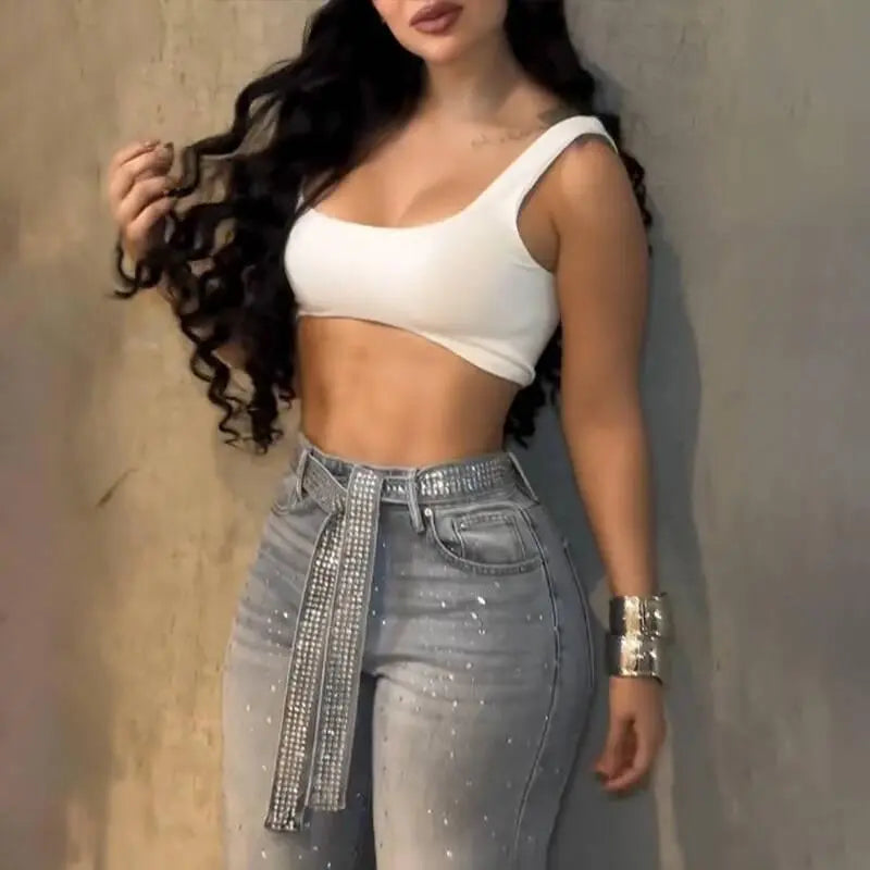 Women's Rhinestone High-Waisted Zipper Jeans - BundleWear