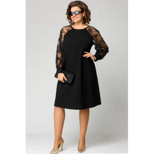 Lace Patchwork Dress with Long Sleeves and Round Neck