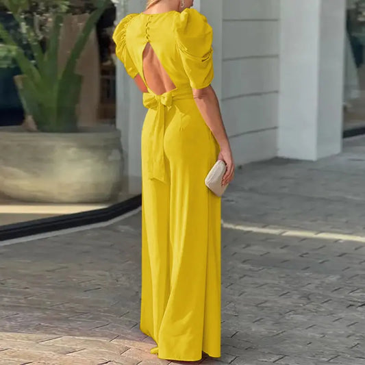 Women's Puff Sleeve Plunge Wide Leg Jumpsuit