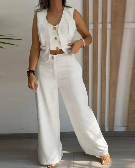 Women's 3 Pieces Outfits Metal Button Decor V Neck Sleeveless Tank Top and Casual Plain Loose Fit Pants Set