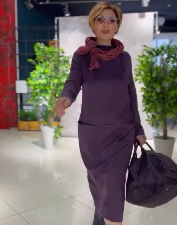 Loose thickened turtleneck dress with pockets