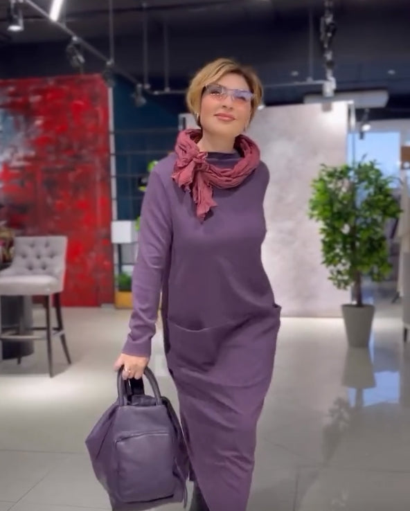 Loose thickened turtleneck dress with pockets