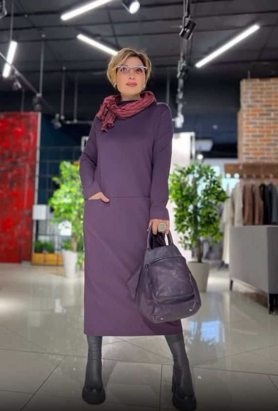 Loose thickened turtleneck dress with pockets