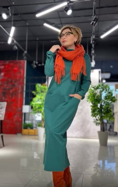 Loose thickened turtleneck dress with pockets