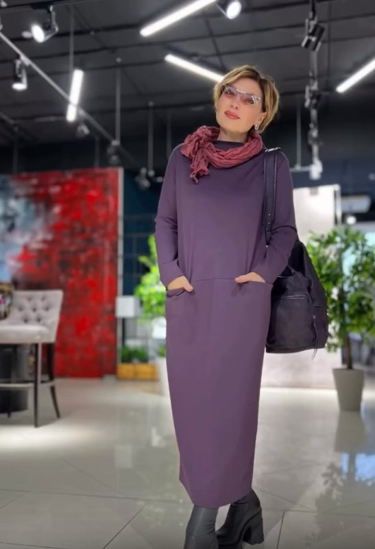 Loose thickened turtleneck dress with pockets