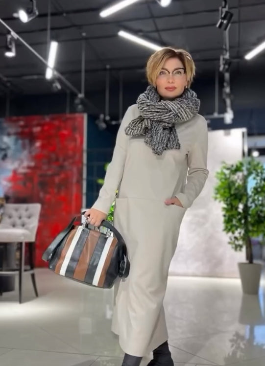 Loose thickened turtleneck dress with pockets