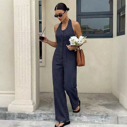 Striped Halter Neck Backless Sleeveless Jumpsuit