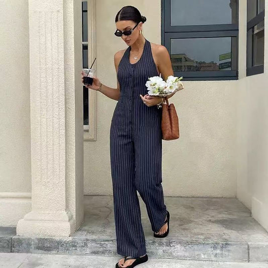 Striped Halter Neck Backless Sleeveless Jumpsuit