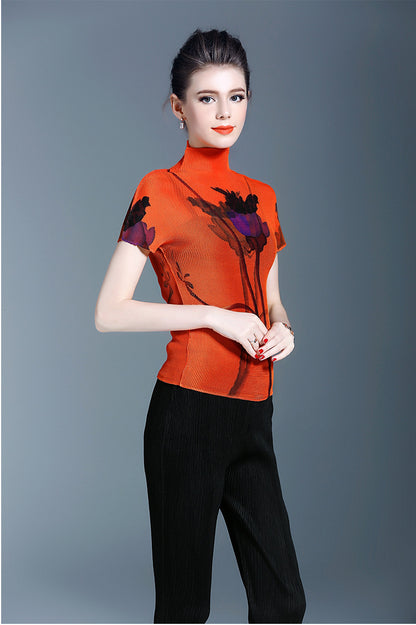 BundleWear™ Art-Print Pleated Tee | Micro-Pleated Mock Neck & Oil-Painting Floral Top