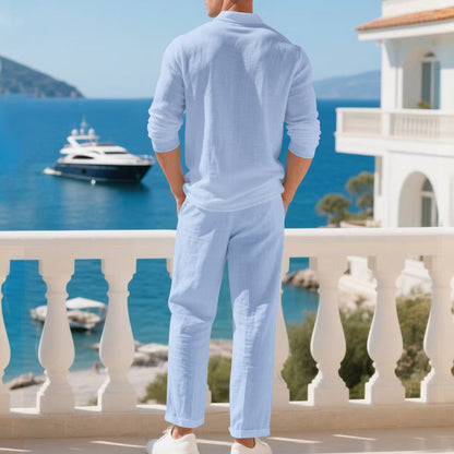BundleWear™ Amalfi Linen Suit | Polo-Collar Long-Sleeve Shirt & Elastic-Waist Trousers Set