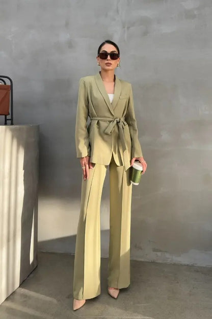 Ladies' Double Belted Blazer Jacket and Trouser Set