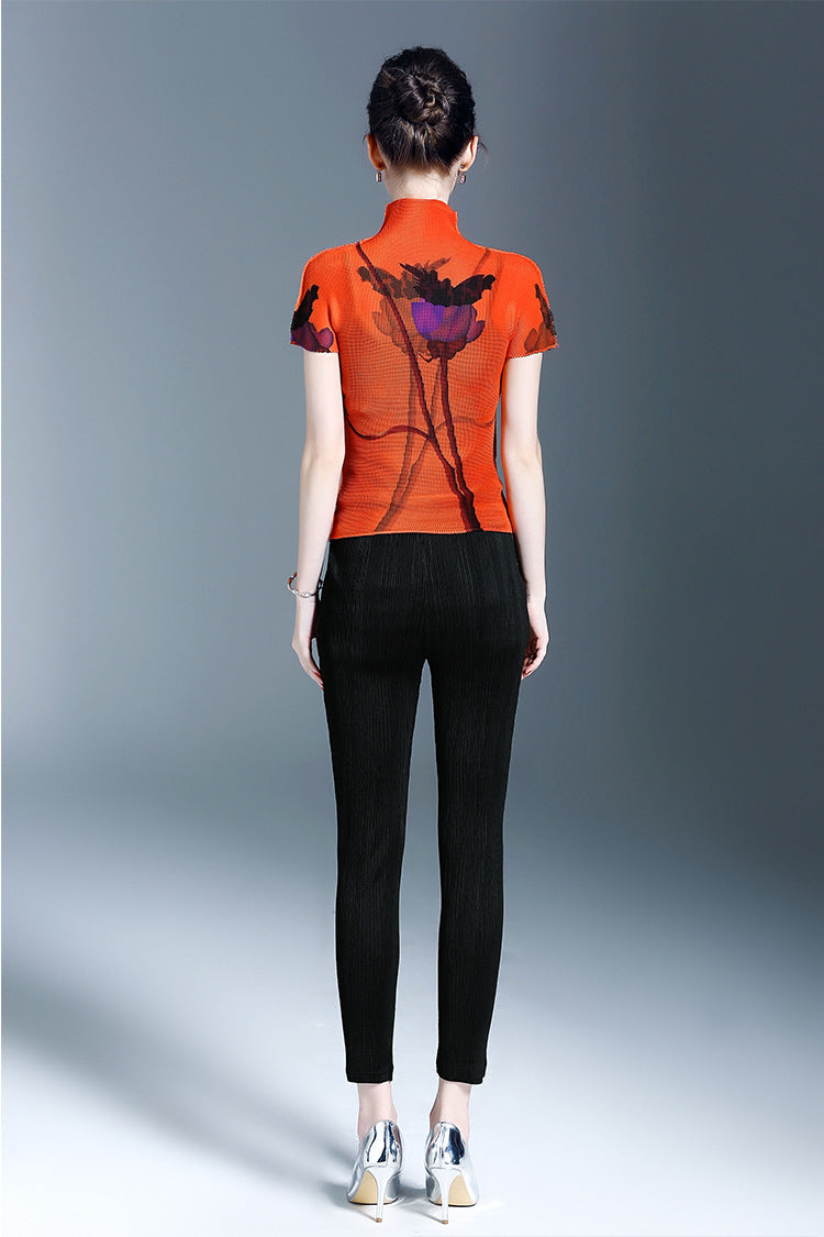 BundleWear™ Art-Print Pleated Tee | Micro-Pleated Mock Neck & Oil-Painting Floral Top
