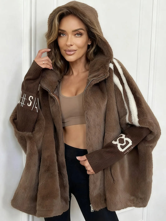 Ladies' Plush Hooded Vertical Stripe Printed Casual Coat