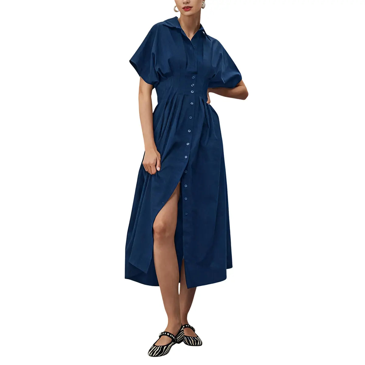 Women's Button-Down Shirt Dress - Short-Sleeve, Loose, Pleated Maxi Sundress with Pockets, Basic Casual Wear for Summer