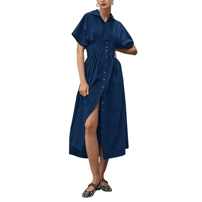 Women's Button-Down Shirt Dress - Short-Sleeve, Loose, Pleated Maxi Sundress with Pockets, Basic Casual Wear for Summer