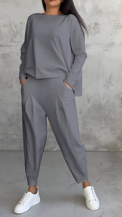 Women Plus Size Casual Round Neck Long Sleeve Two Piece Suit