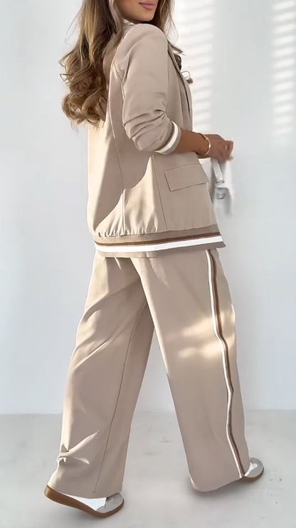 Women's Lapel Solid Color Striped Casual Suit