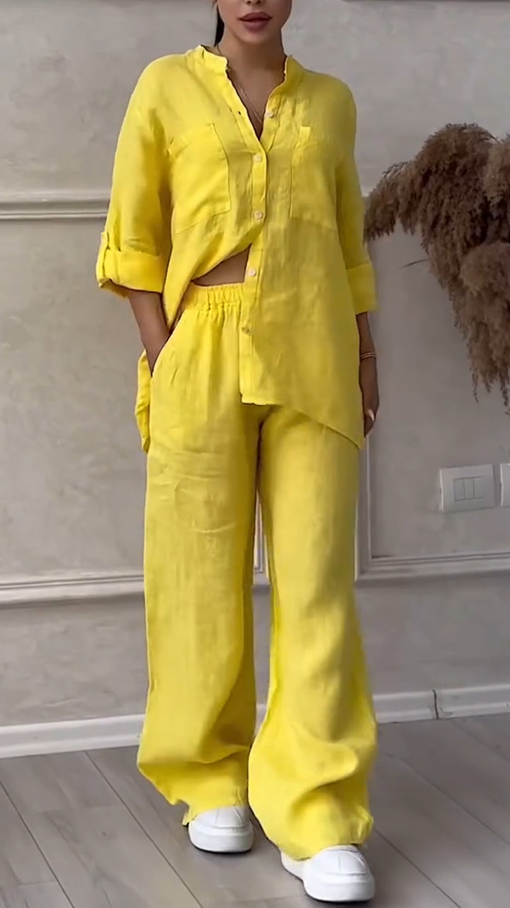 Women's V-neck Cotton and Linen Casual Suit