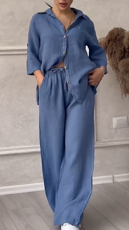 Women's V-neck Cotton and Linen Casual Suit