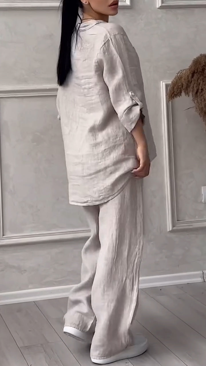 Women's V-neck Cotton and Linen Casual Suit