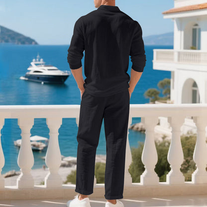 BundleWear™ Amalfi Linen Suit | Polo-Collar Long-Sleeve Shirt & Elastic-Waist Trousers Set