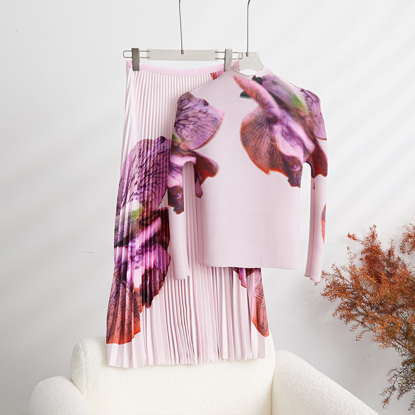 BundleWear™ Inked Rose Set | Mock-Neck Top & Accordion Pleated Maxi Skirt Ensemble
