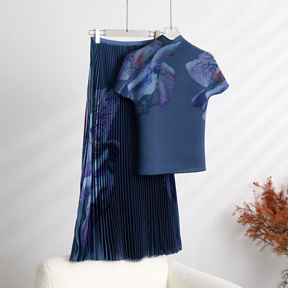 BundleWear™ Inked Rose Set | Mock-Neck Top & Accordion Pleated Maxi Skirt Ensemble