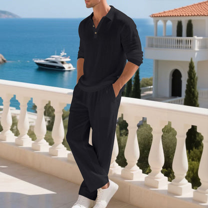 BundleWear™ Amalfi Linen Suit | Polo-Collar Long-Sleeve Shirt & Elastic-Waist Trousers Set
