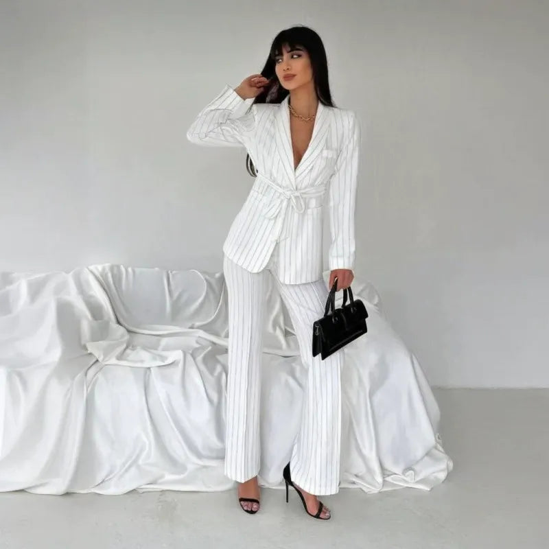 Ladies' Double Belted Blazer Jacket and Trouser Set