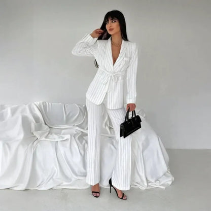 Ladies' Double Belted Blazer Jacket and Trouser Set