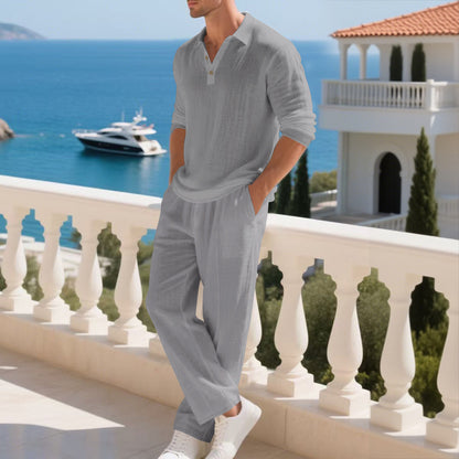 BundleWear™ Amalfi Linen Suit | Polo-Collar Long-Sleeve Shirt & Elastic-Waist Trousers Set