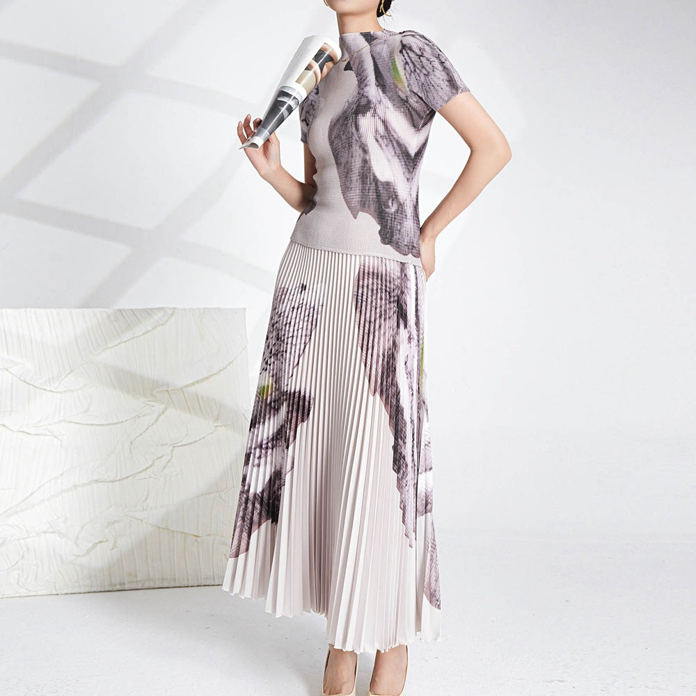 BundleWear™ Inked Rose Set | Mock-Neck Top & Accordion Pleated Maxi Skirt Ensemble