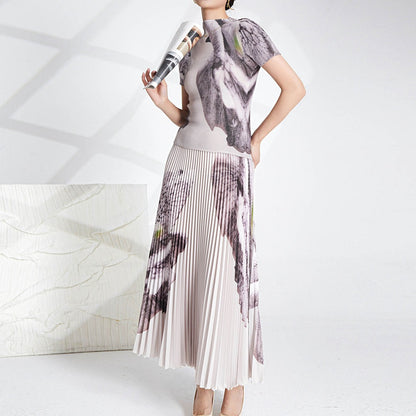 BundleWear™ Inked Rose Set | Mock-Neck Top & Accordion Pleated Maxi Skirt Ensemble