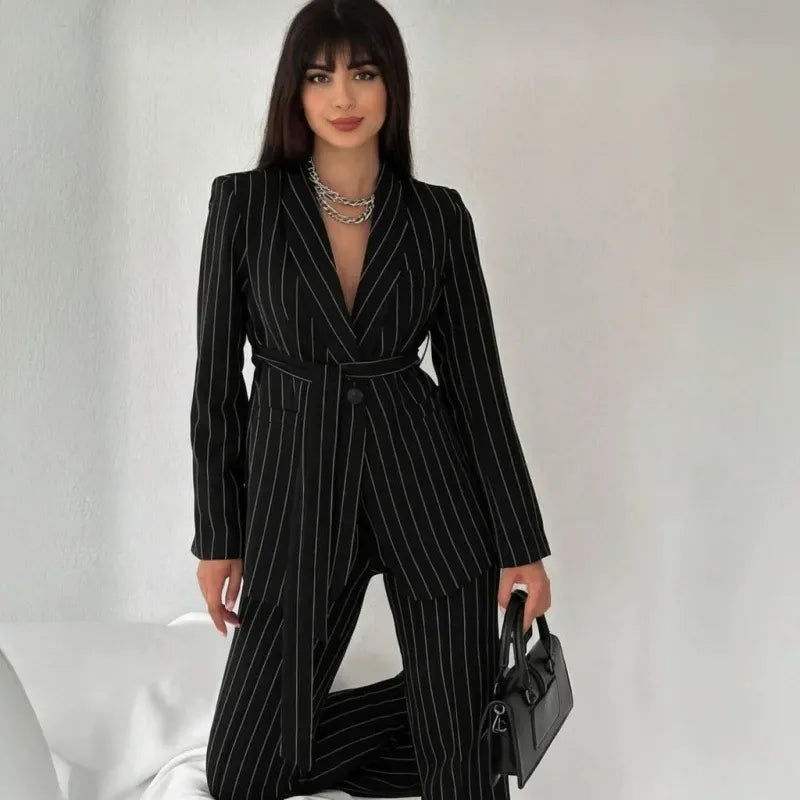 Ladies' Double Belted Blazer Jacket and Trouser Set