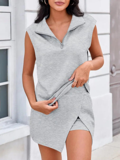 Sleeveless Half Zip Skirt Set for Women - BundleWear